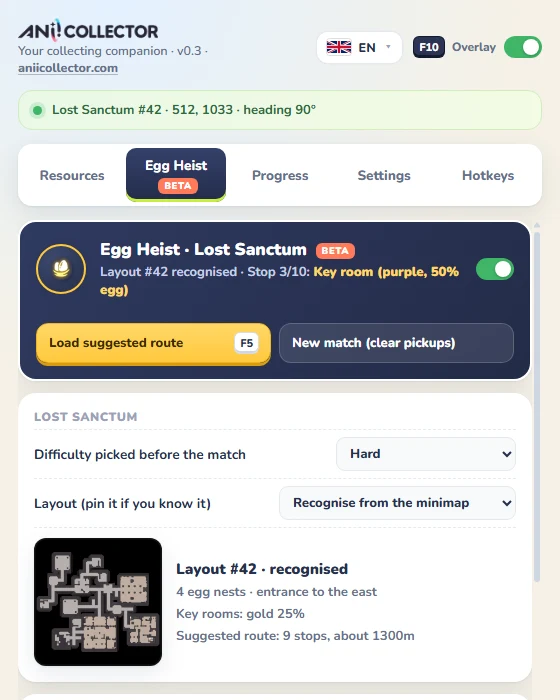 The Egg Heist tab in the control panel
